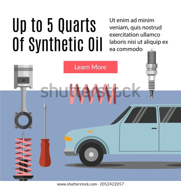 Car\
service and automobile maintenance, online help center or station.\
Up to 5 quarts of synthetic oil for vehicles. Promotional banner,\
poster with discounts and sales. Vector in flat\
style