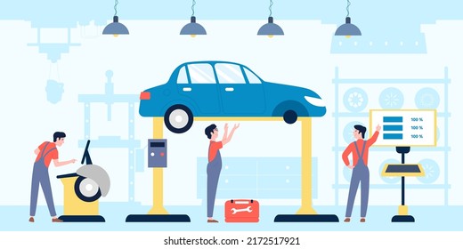 Car service. Automotive mechanic workshop, tuning auto in garage. Mechanics working, vehicle maintenance and repair and tire change recent vector scene