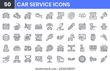 Car Service and Automotive vector line icon set. Contain linear outline icons like Wheel, Mechanic, Garage, Vehicle, Chassis, Engine, Piston, Truck, Repair, Industry. Editable use and stroke.