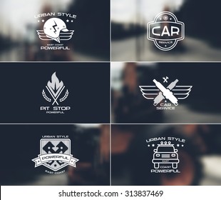 Car service badges and logo in urban style on blurred backgrounds