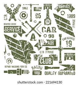 Car service badges in retro style. Graphic design for t-shirt. Color print on white background