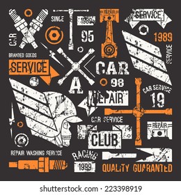 Car service badges in retro style. Graphic design for t-shirt. Print on black background