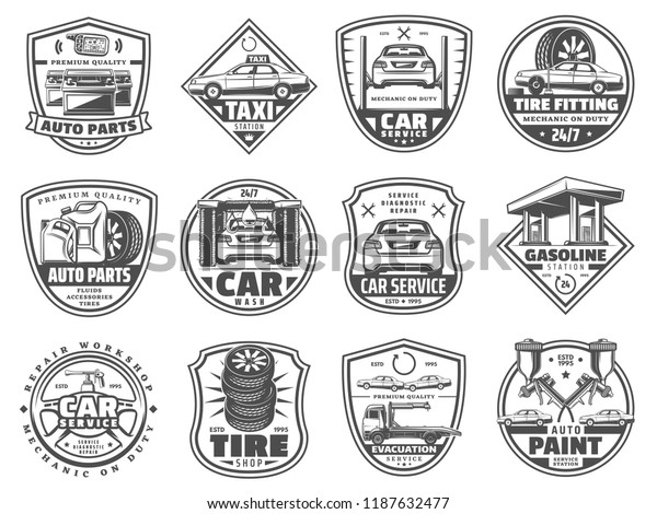 Car service\
badges, retro vector icons. Auto parts and tire shop, car wash,\
evacuation and paint service, motor oil and battery change, garage\
and mechanic workshop vector\
design