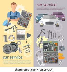 Car service car banner auto mechanic tool box car repair vector illustration  