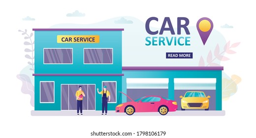 Car service banner template. Office and garage building, modern autos. Handsome manager and repairman at work. Horizontal banner. Male character and vehicles in trendy style. Flat vector illustration