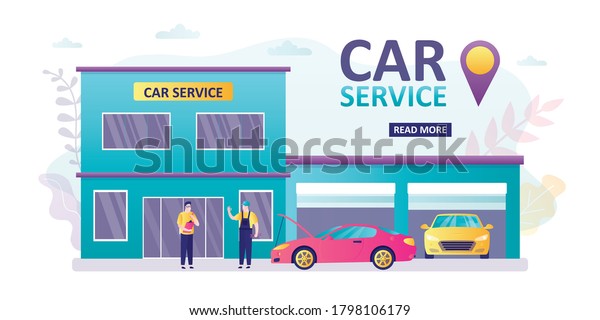 Car service banner template. Office and\
garage building, modern autos. Handsome manager and repairman at\
work. Horizontal banner. Male character and vehicles in trendy\
style. Flat vector\
illustration