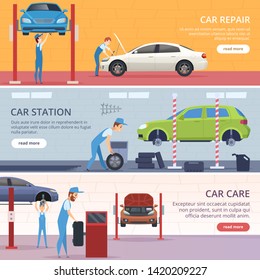 Carteles del servicio de Camión. Taller mecánico reparar carteles publicitarios de vectores automáticos. Ilustración del transporte de inspección mecánica, de la profesión de trabajador y de la fijación del camión