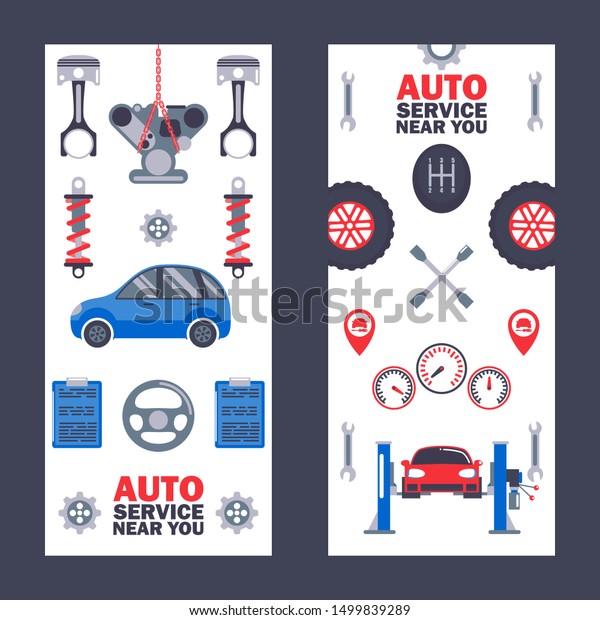 Car service banners, vector illustration.
Professional auto maintenance center, vehicle repair, diagnostics
and tuning. Car equipment icons, tools, spare parts and
instruments. Advertisement
concept