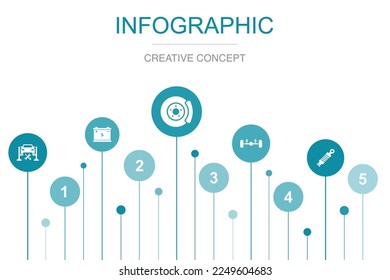 car service, battery, disk brake, suspension, shock absorber, icons Infographic design layout template. Creative presentation concept with 5 steps