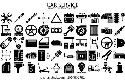 car service black filled icons set, auto repair and transport. Collection modern elements and symbols. Used for modern concepts, web, UI, UX kit and applications. EPS 10 ready to convert to SVG. svg