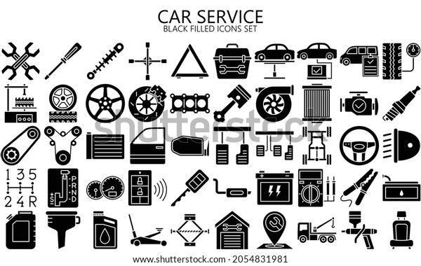 car service black filled icons set, auto repair and\
transport. Collection modern elements and symbols. Used for modern\
concepts, web, UI, UX kit and applications. EPS 10 ready to convert\
to SVG.
