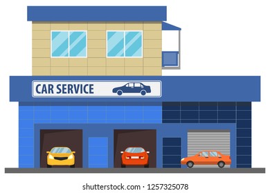 Car service. Car service building with cars under repair. Cartoon illustration of a car repair.