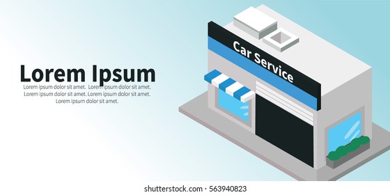 Car Service building. Flat horizontal banner with  car service tire service and car repair vector illustration