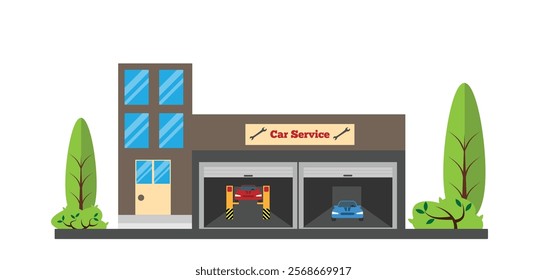 Car Service Building Flat Style with Garage. Vehicle and transport means repair facility concept vector art