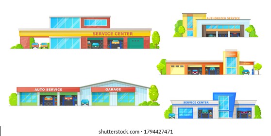 Car service building vector icons with auto repair shop, mechanic garage or workshop, car wash station and spare parts store. Automobile vehicle centers with doors, wheel tyres and lifting platforms