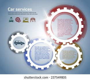 Car service business presentation template with gears form on steel background . Vector illustration EPS 10 for info-graphics, number options, web site, page layout firm automobile repair 