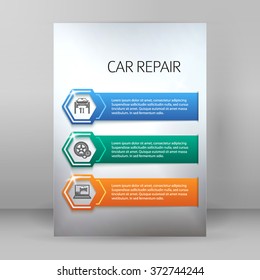 Car service business presentation template on steel background. Vector illustration EPS 10 for info-graphics, number options, web site, page layout firm automobile repair