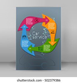 Car service business presentation template on steel background. Vector illustration EPS 10 for info-graphics, number options, web site, page layout firm automobile repair