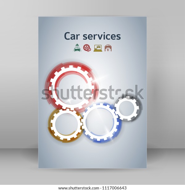Car service business presentation template on\
steel background. Vector illustration EPS 10 for info-graphics,\
number options, web site, page layout firm automobile repair,\
brochure, web banner