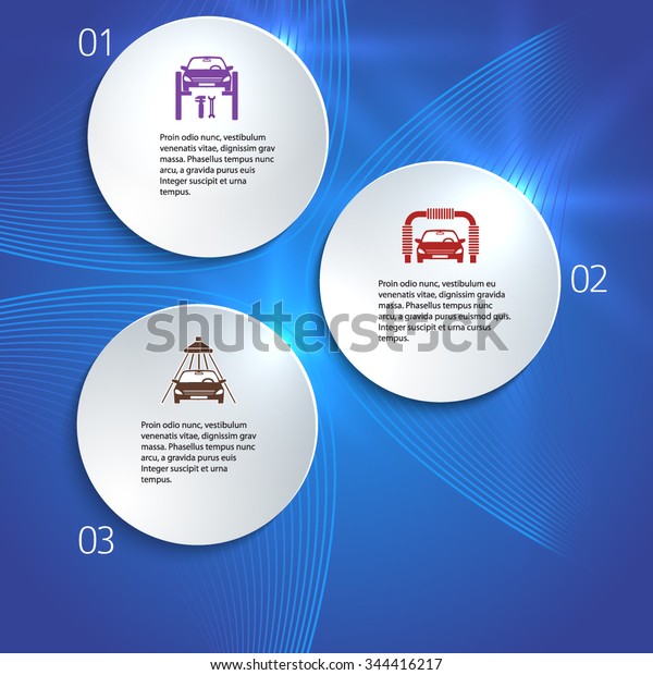 Car service business\
presentation template on blue background. Vector illustration EPS\
10 for info-graphics, number options, web site, page layout firm\
automobile repair