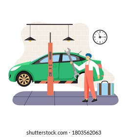 Car service center, auto repair shop, garage. Mechanic in uniform changing tires, flat vector illustration. Car repair auto service. Tyre maintenance and change.