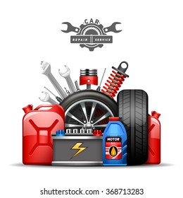 Car service center colorful advertisement composition poster with wheels tires oil and gas canister flat abstract vector illustration  