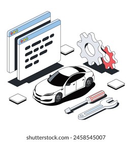 Servicio de coches, puesta a punto de chips, herramientas, engranajes. Vector 3d línea isométrica, color web iconos, nuevo estilo plano. Idea de diseño creativo para infografías.