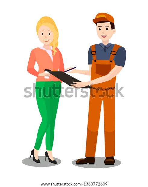 Car Service Client Signing Documents Illustration.\
Cartoon Woman, Girl, Lady Talking with Mechanic. Repairman\
Reporting Vehicle Malfunctions List. Automobile Repair, Diagnostics\
Payment Check