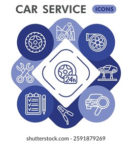 Car service collection or sketches. vehicle repair theme icons in line style signs for web and app. Vector graphics isolated on white background