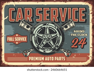 Car service colorful vintage sticker with automobile wheel near pneumatic drive for advertising master specializing in tire replacement vector illustration