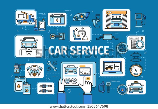 Car\
service, computer diagnostics and checkup, auto mechanic\
maintenance and repair station, vector. Car wash, taxi and tow\
service, engine oil replacement and tire\
pumping