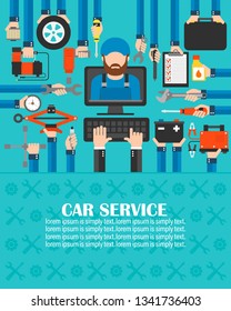 Car service computer online set with Mechanic flat design.lorem ipsum is simply text.Vector illusration