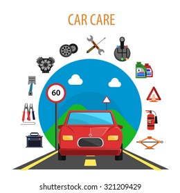 Car service concept with auto on the road and machine spare parts flat icons set vector illustration