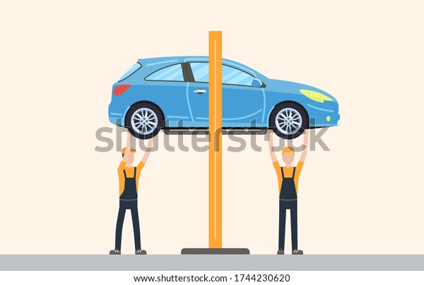 Car service concept. Automobile\
maintenance repair. Car diagnostics. Vector\
illustration.