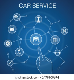Car service concept, blue background.disk brake, suspension, spare parts, Transmission icons