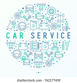 Car service concept in circle with thin line icons of mechanic, computer diagnostics, tools, wheel, battery, transmission, jack. Modern vector illustration for banner, web page, print media.