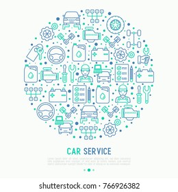 Car service concept in circle with thin line icons of mechanic, computer diagnostics, tools, wheel, battery, transmission, jack. Modern vector illustration for banner, web page, print media.