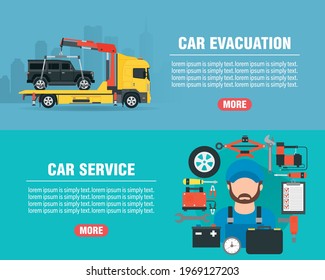 Car service concept design flat banners set. Car evacuation. Mechanic with tools icon. Vector illustration