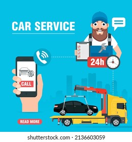 Car service concept design flat. Tow truck call. Vector illustration