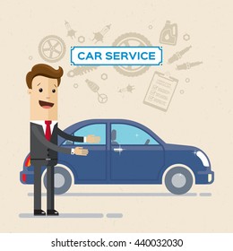 Car Service Concept with Flat Icons. Service manager or happy customer. Vector, illustration