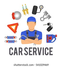 Car Service concept with Flat Icons mechanic and tools. isolated vector illustration