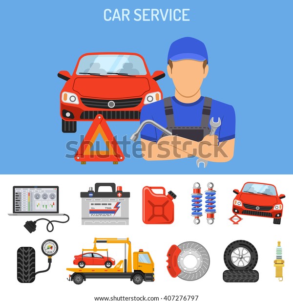 Car Service Concept with\
Flat Icons for Poster, Web Site, Advertising like Laptop\
Diagnostics, Tow Truck, Battery, Jack, Mechanic. isolated vector\
illustration
