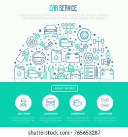 Car service concept in half circle with thin line icons of mechanic, computer diagnostics, tools, wheel, battery, transmission, jack. Modern vector illustration for banner, web page, print media.