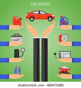 Car Service Concept icons with Hands for Poster, Web Site, Advertising like Brake, Battery, Oil, diagnostics laptop. vector illustration