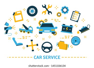 Car service concept. Idea of auto repair and diagnostic. Wheel and oil icon, engine and fuel. Collection of colorful icons. Isolated flat vector illustration