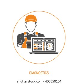 Car Service Concept with Mechanic and Diagnostics Laptop Icon for Web Site, Advertising.