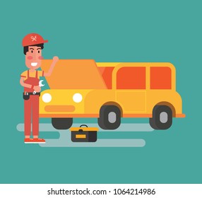 Car service concept - Mechanic opened the hood and repaired the car