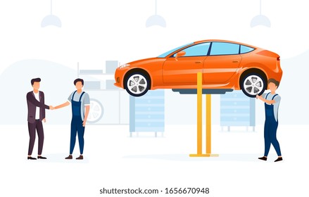 Car service concept with car on hoist being worked on by a mechanic as the owner shakes hands with his colleague, vector illustration