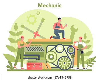 Car service concept. People repair car using professional tool. Idea of auto repair and diagnostic. Wheel and oil icon, engine and fuel. Isolated flat vector illustration