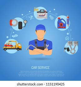 Car Service Concept for Poster, Web Site, Advertising with Flat Icons like tow truck, Spark Plug, Battery, oil and Mechanic. isolated vector illustration